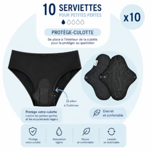 10 protège-culottes réutilisable, serviettes lavables pour petites pertes quotidiennes