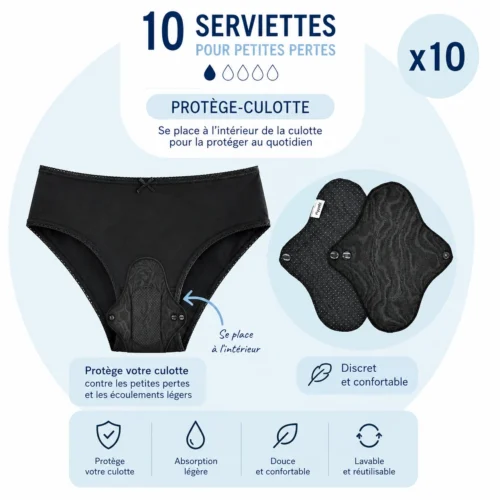 10 protège-culottes réutilisable, serviettes lavables pour petites pertes quotidiennes